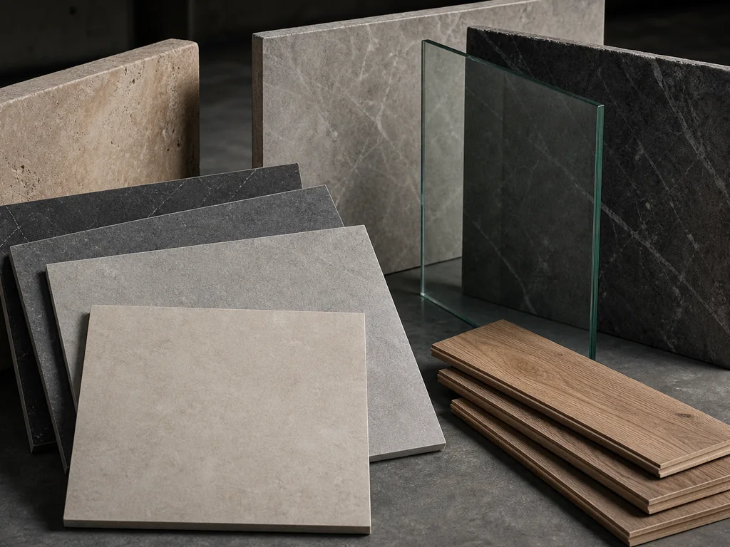 Porcelain tiles, stone slabs, timber flooring and glass