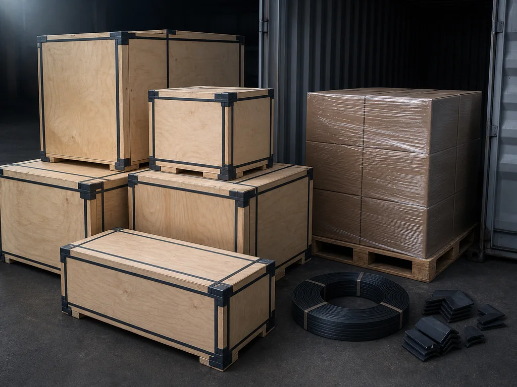Strapped export crates and a wrapped pallet