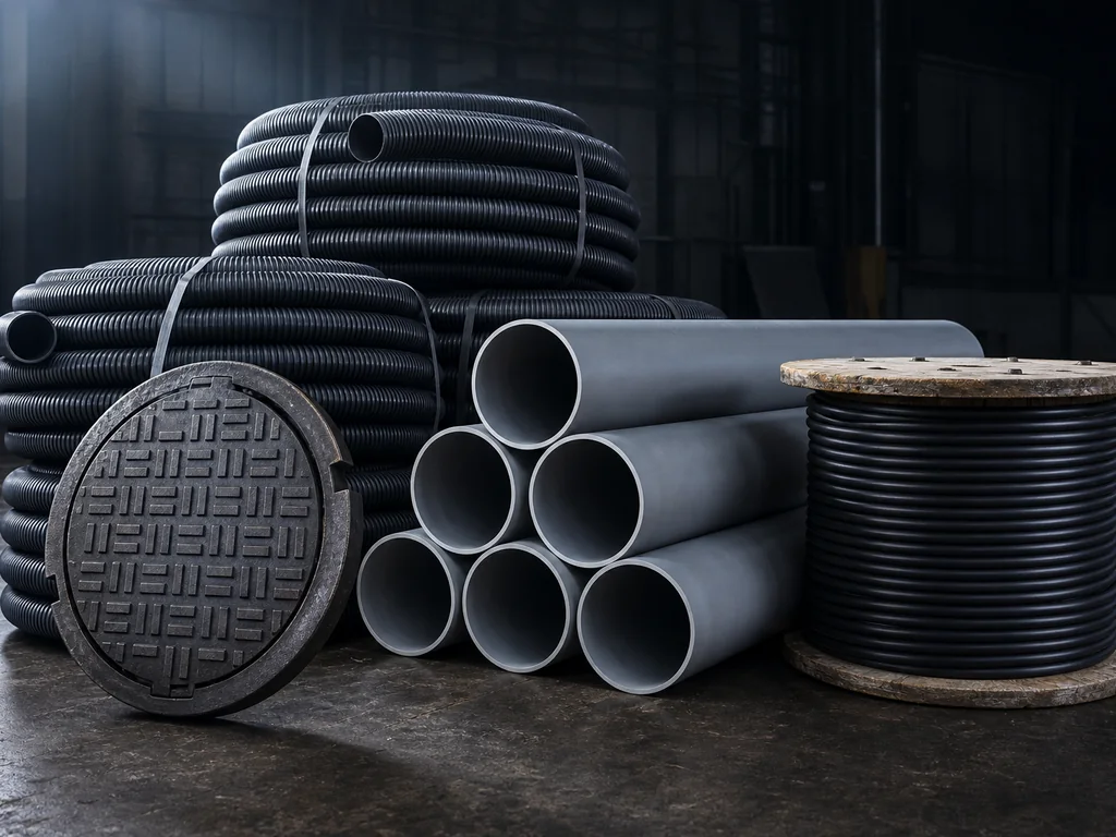HDPE coils, PVC pipe, manhole cover and cable drum