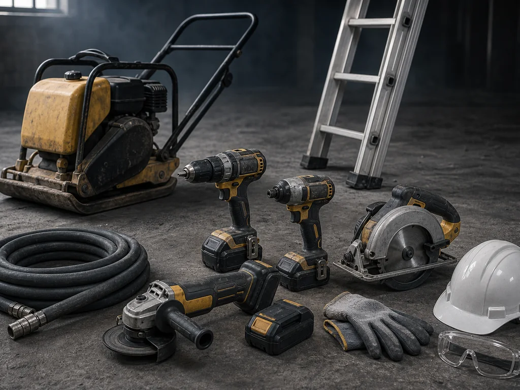 Power tools, PPE, compactor plate and ladder