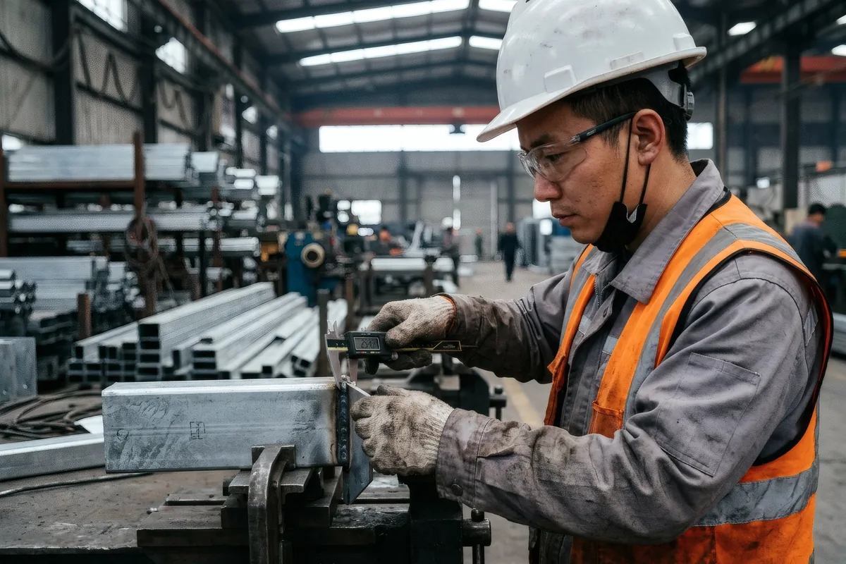 An inspector measuring a steel section with vernier callipers in a factory