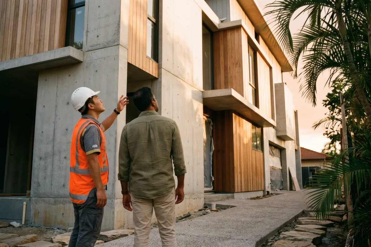 An engineer and a client looking up at a nearly finished building