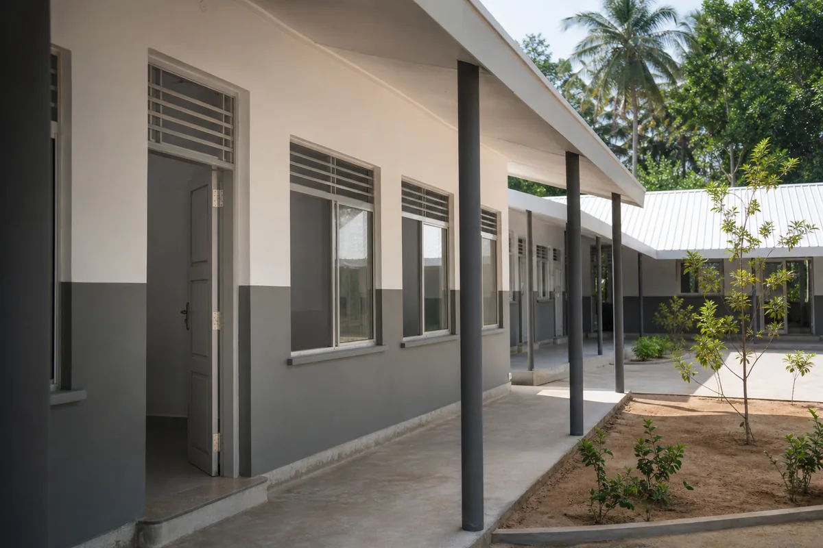 Completed school building exterior in a warm climate